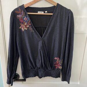 Fat Face Embroidered Long Sleeve Wrap Style Navy Blue Shirt